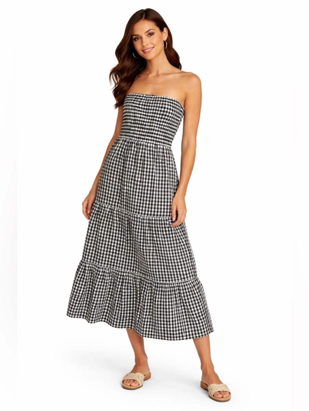NWT Sim & Sam Gingham Maxi Dress Black White Tiered Cottagecore Sundress M